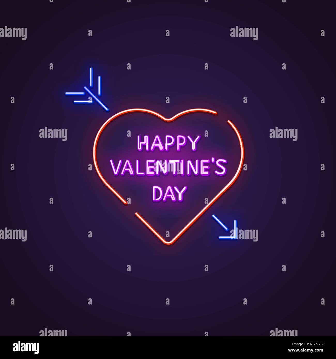 Valentines day neon sign. Glowing neon sign of text Happy Valentine`s Day. Letters glowing in retro colors. February 14 holiday. Stock Vector